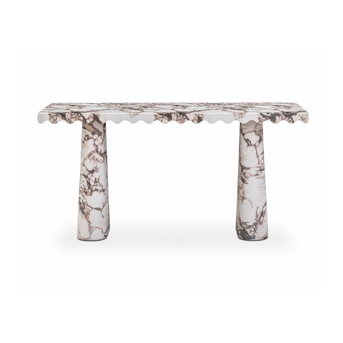 Contemporary faux Breccia marble console table angled perspective showing stone veining