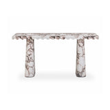 Contemporary faux Breccia marble console table angled perspective showing stone veining
