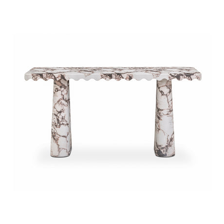 Contemporary faux Breccia marble console table angled perspective showing stone veining