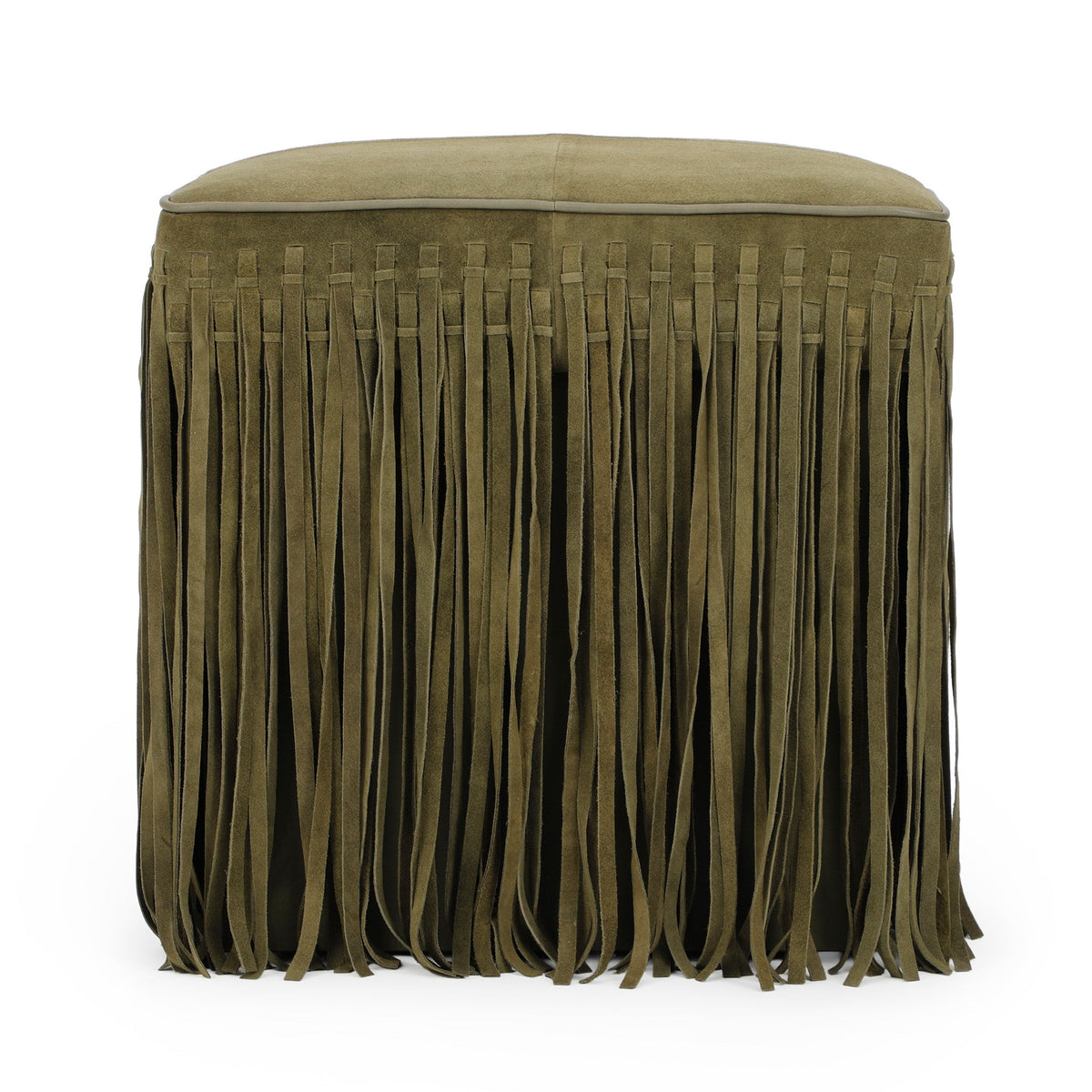 Detailed texture view of soft suede fabric on the Daphne square ottoman