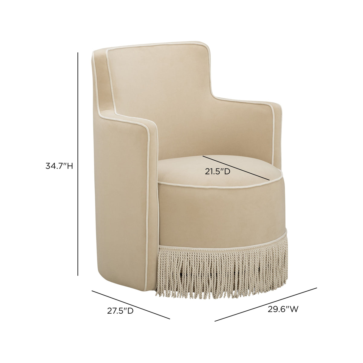 Passe Tasseled Velvet Swivel Accent Chair top angle displaying deep circular seat cushion