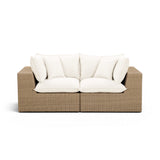 Close-up of durable synthetic wicker corner joint on Cali outdoor loveseat