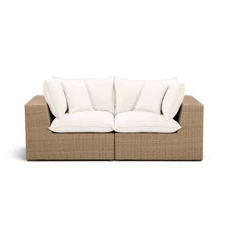 Close-up of durable synthetic wicker corner joint on Cali outdoor loveseat