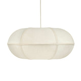 Josephine oblong fabric pendant lamp with black contrast piping suspended against a neutral wall