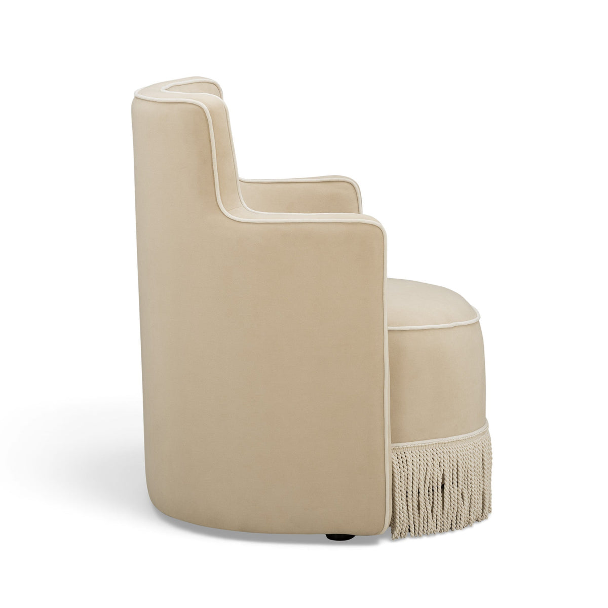 Passe Tasseled Velvet Swivel Accent Chair in Tan rear view with tailored seam lines