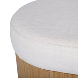 Poppi 49-inch low-profile cream storage bench positioned along living room wall