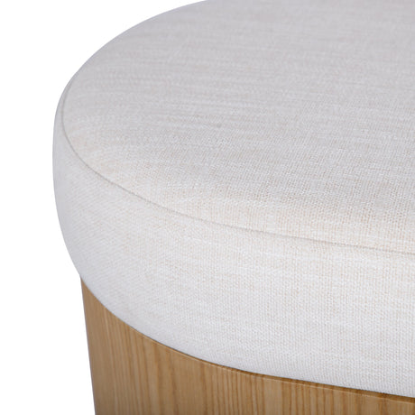 Poppi 49-inch low-profile cream storage bench positioned along living room wall