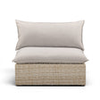 Cali outdoor armless chair in natural wicker with grey performance fabric seat and back cushion front view