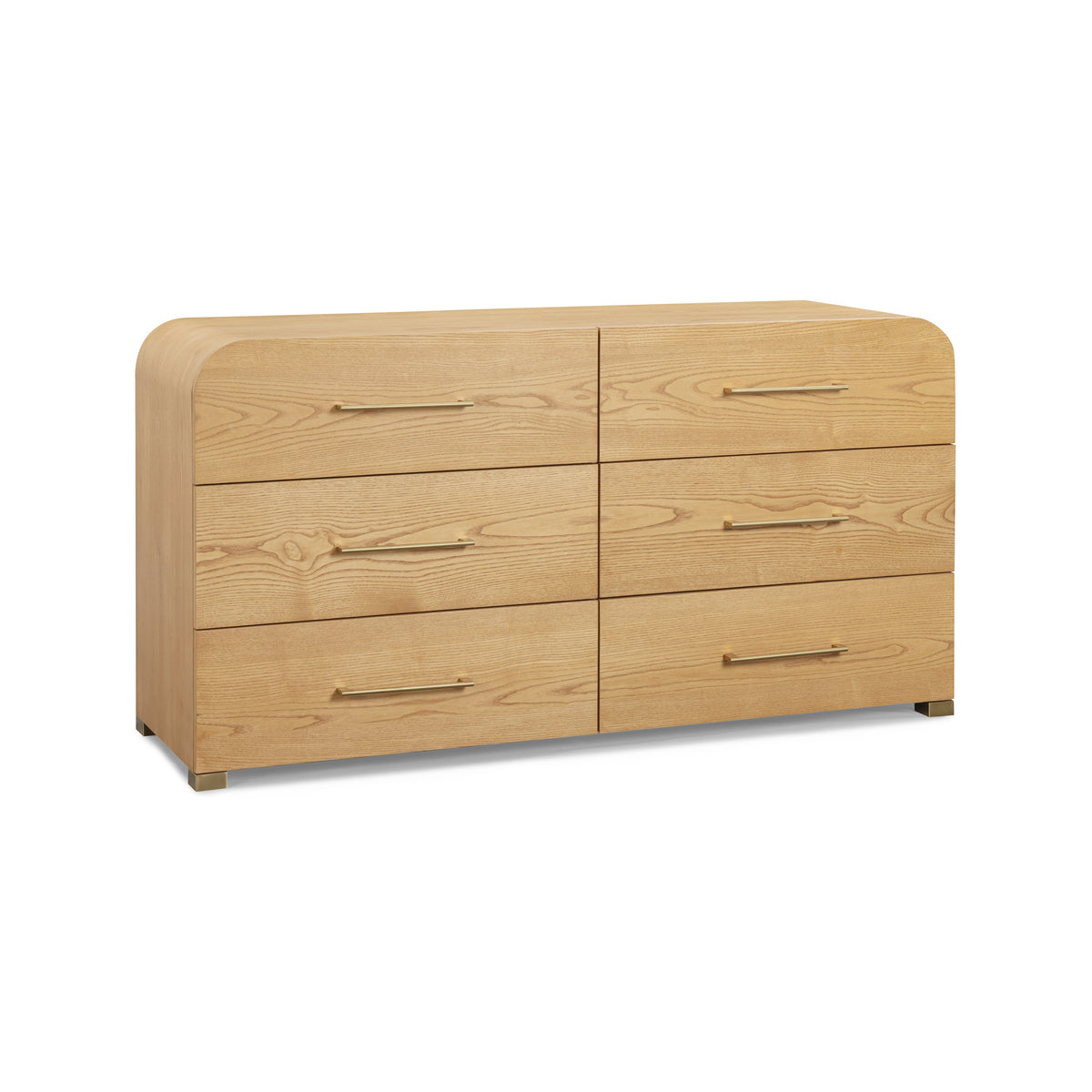 Angled perspective of the modern ash wood 6 drawer dresser featuring rounded corners