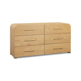 Angled perspective of the modern ash wood 6 drawer dresser featuring rounded corners