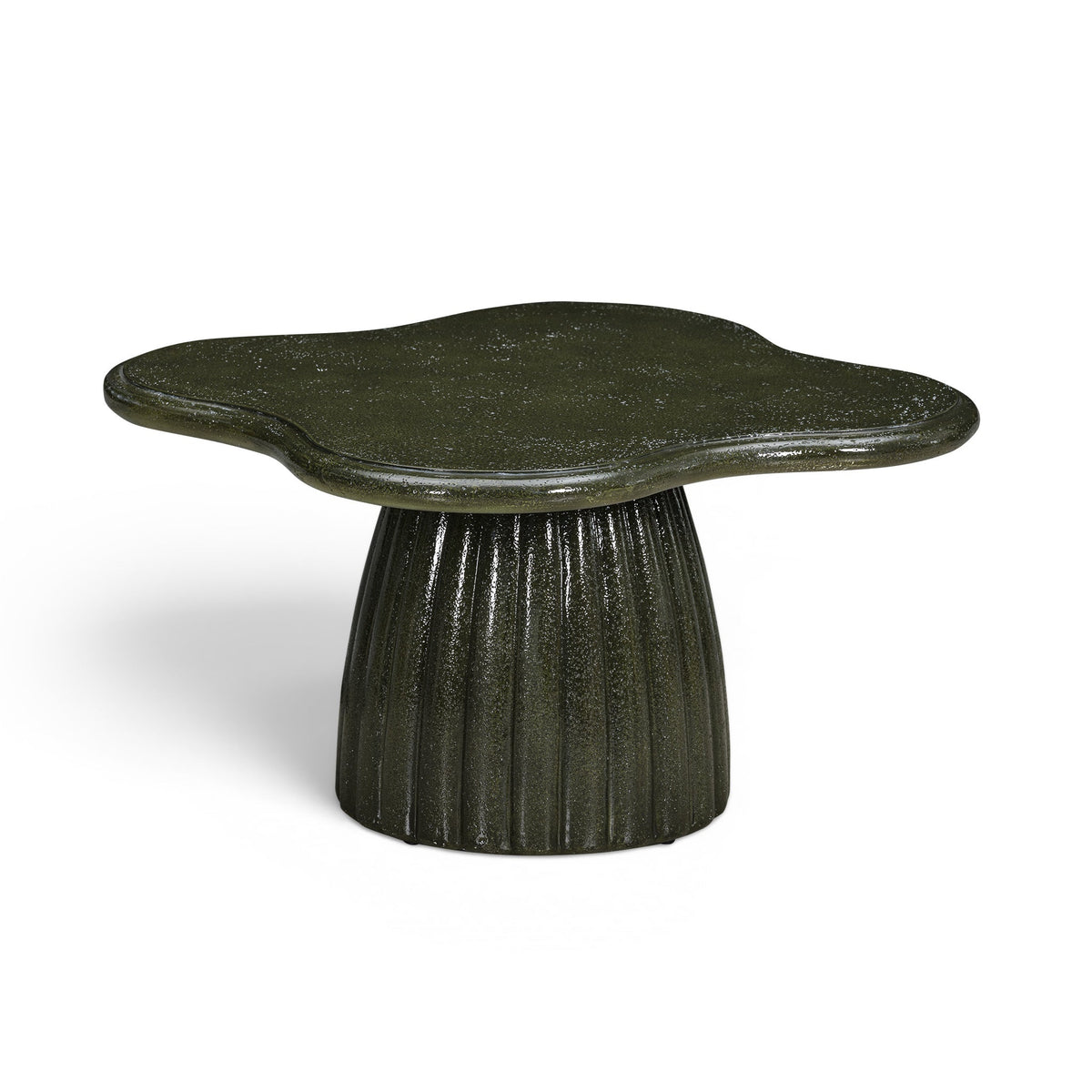 Addison 32-inch green concrete coffee table with cloud-shaped top on fluted pedestal base