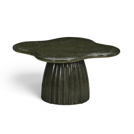 Top view of dark speckled green glossy finish on cloud-shaped concrete tabletop