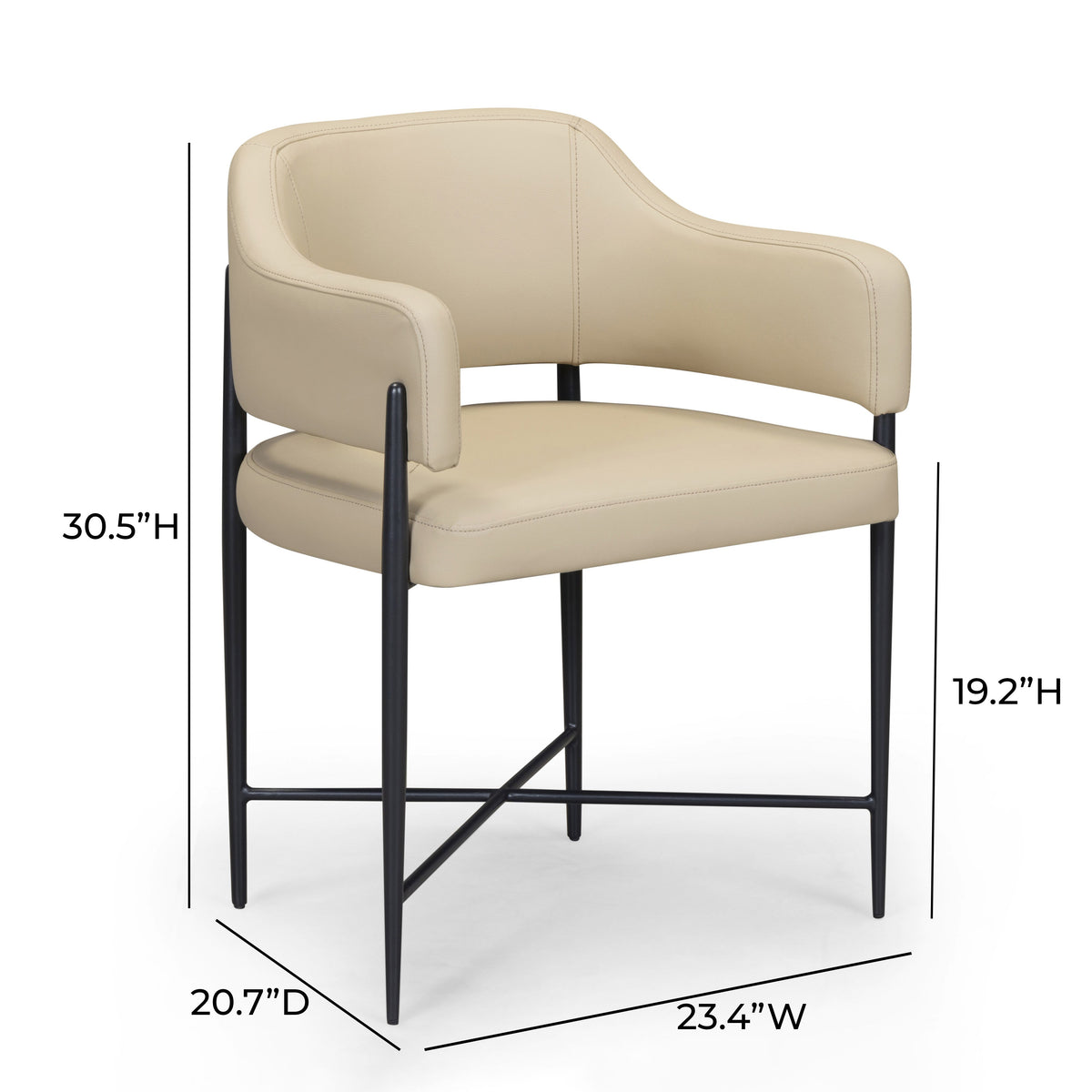 Rear angle of cream Sezanne dining chair featuring slim black iron legs