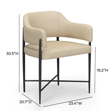 Rear angle of cream Sezanne dining chair featuring slim black iron legs