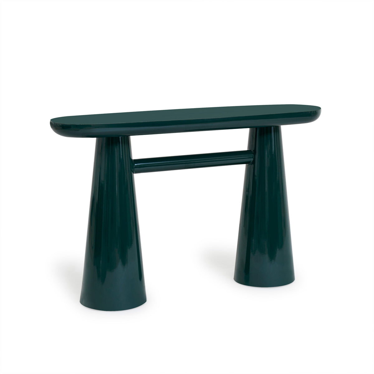 Detail shot of forest green high-gloss lacquer finish and smooth tabletop