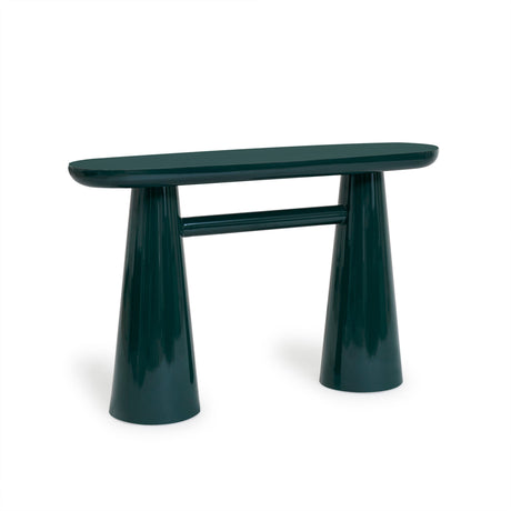 Detail shot of forest green high-gloss lacquer finish and smooth tabletop