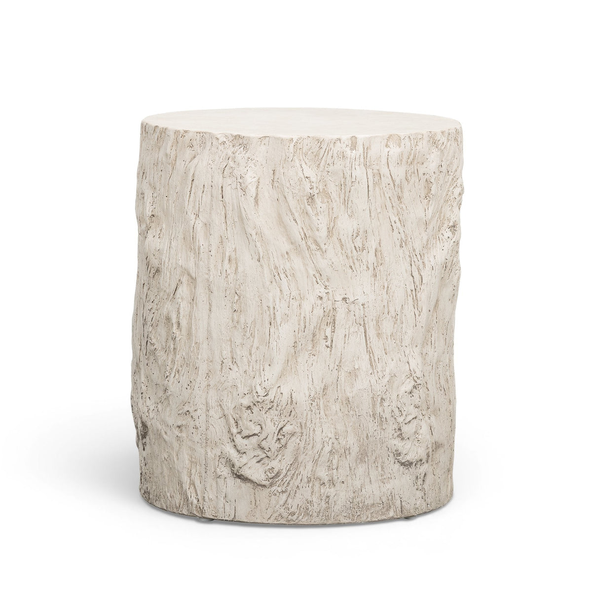 Fawn driftwood concrete indoor outdoor side table with organic tree-stump silhouette