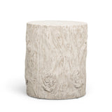 Fawn driftwood concrete indoor outdoor side table with organic tree-stump silhouette