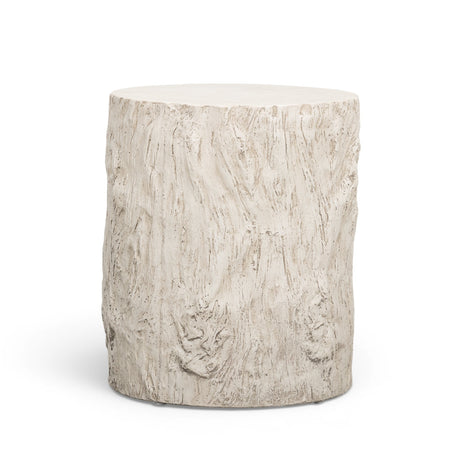 Front view of cast concrete side table showcasing realistic faux wood grain texture
