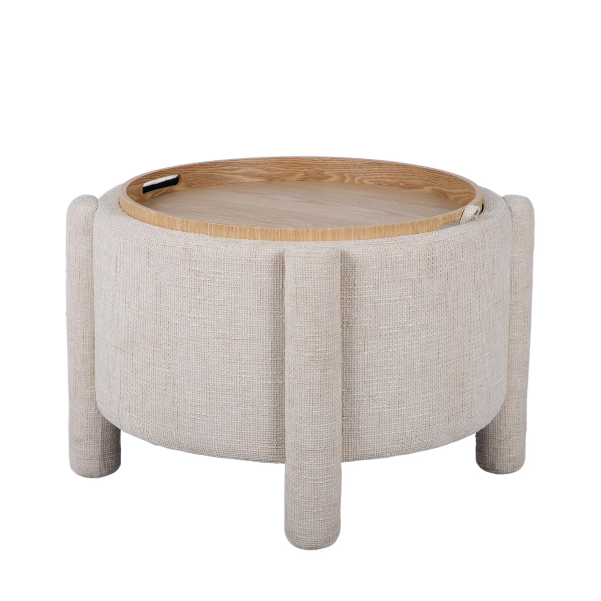 Bellamy Railroad Chenille Storage Stool with lid inverted to show flat wooden tray surface