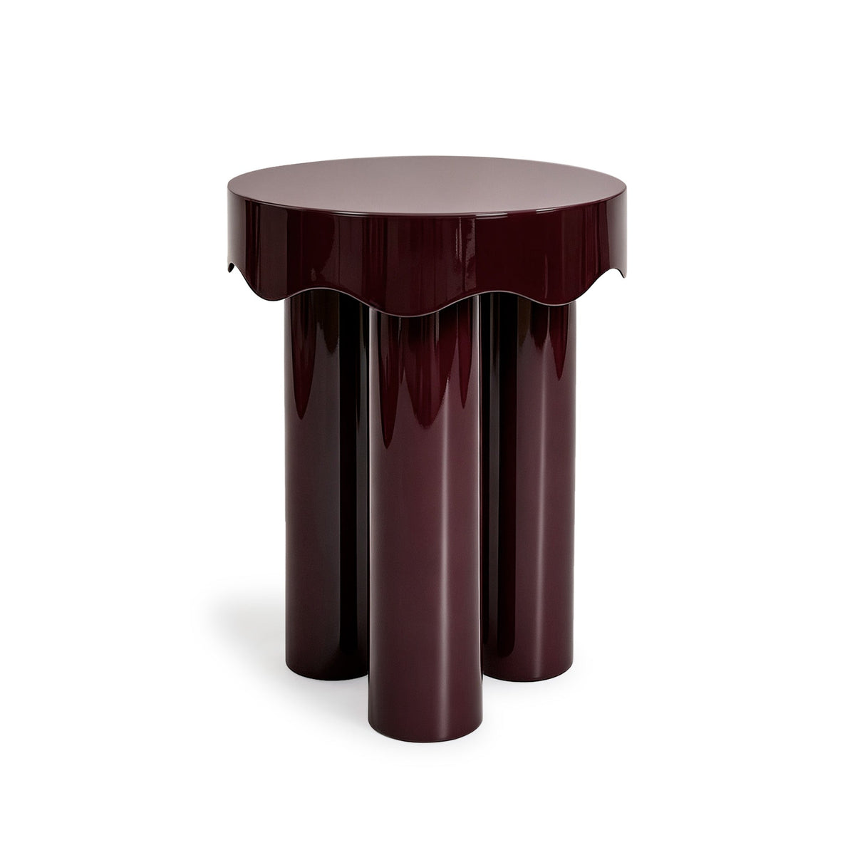 Casper high gloss burgundy accent tables arranged in stacked tiered formation