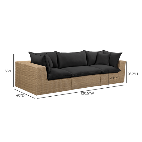 Cali 120-inch performance fabric and wicker outdoor sofa complete set view