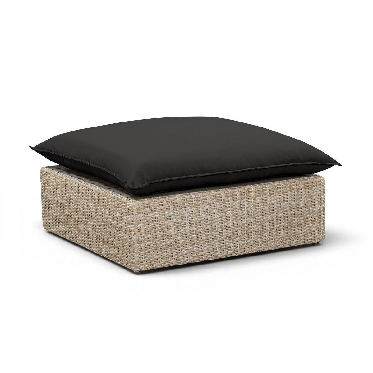 Front profile of Cali Black Fabric and Natural Wicker Outdoor Ottoman