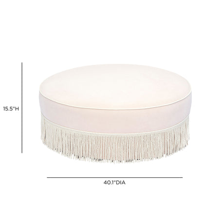 Tassy Tasseled Round Ottoman in tan velvet front view with textured hanging tassels
