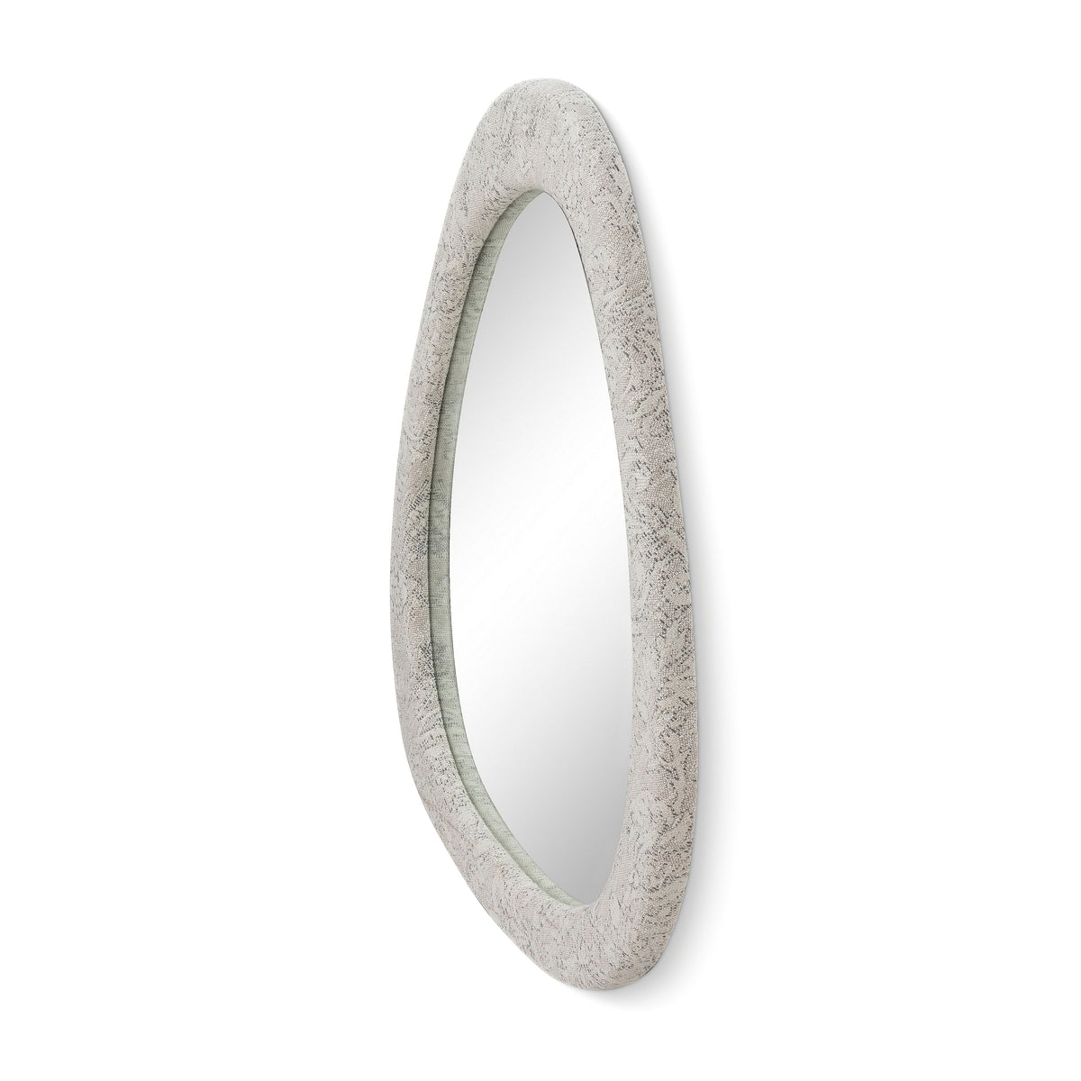 Side profile angle of the Klaryss fabric-wrapped neutral floral wood frame mirror