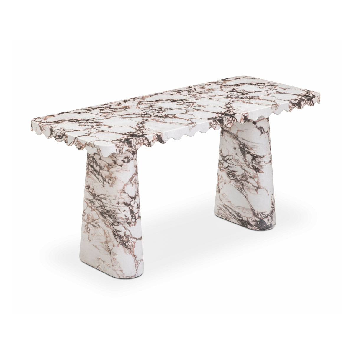 Scalloped edge apron craftsmanship on fiberglass-reinforced concrete console desk
