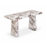 Scalloped edge apron craftsmanship on fiberglass-reinforced concrete console desk