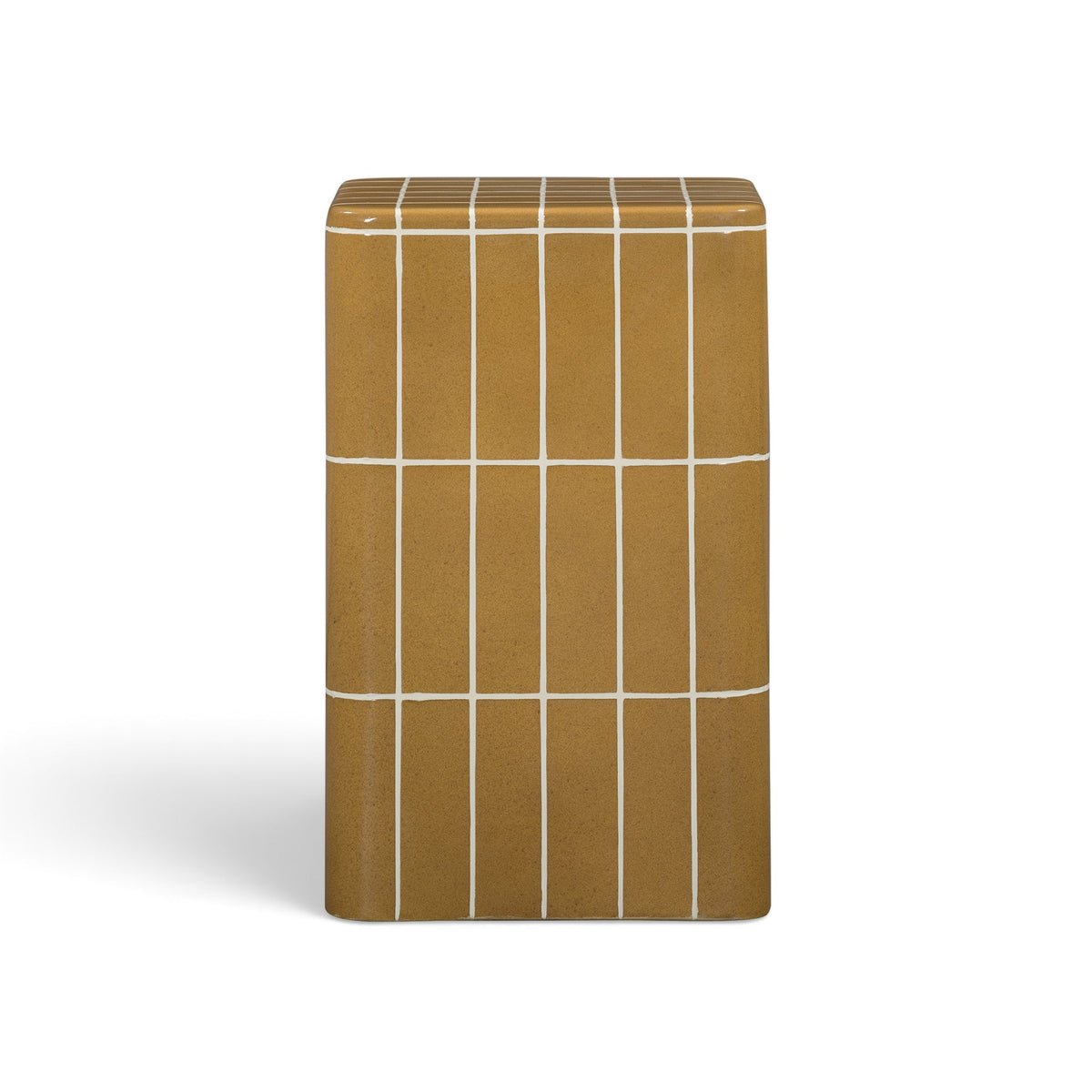 Ochre concrete side table close-up displaying dimensional tile pattern