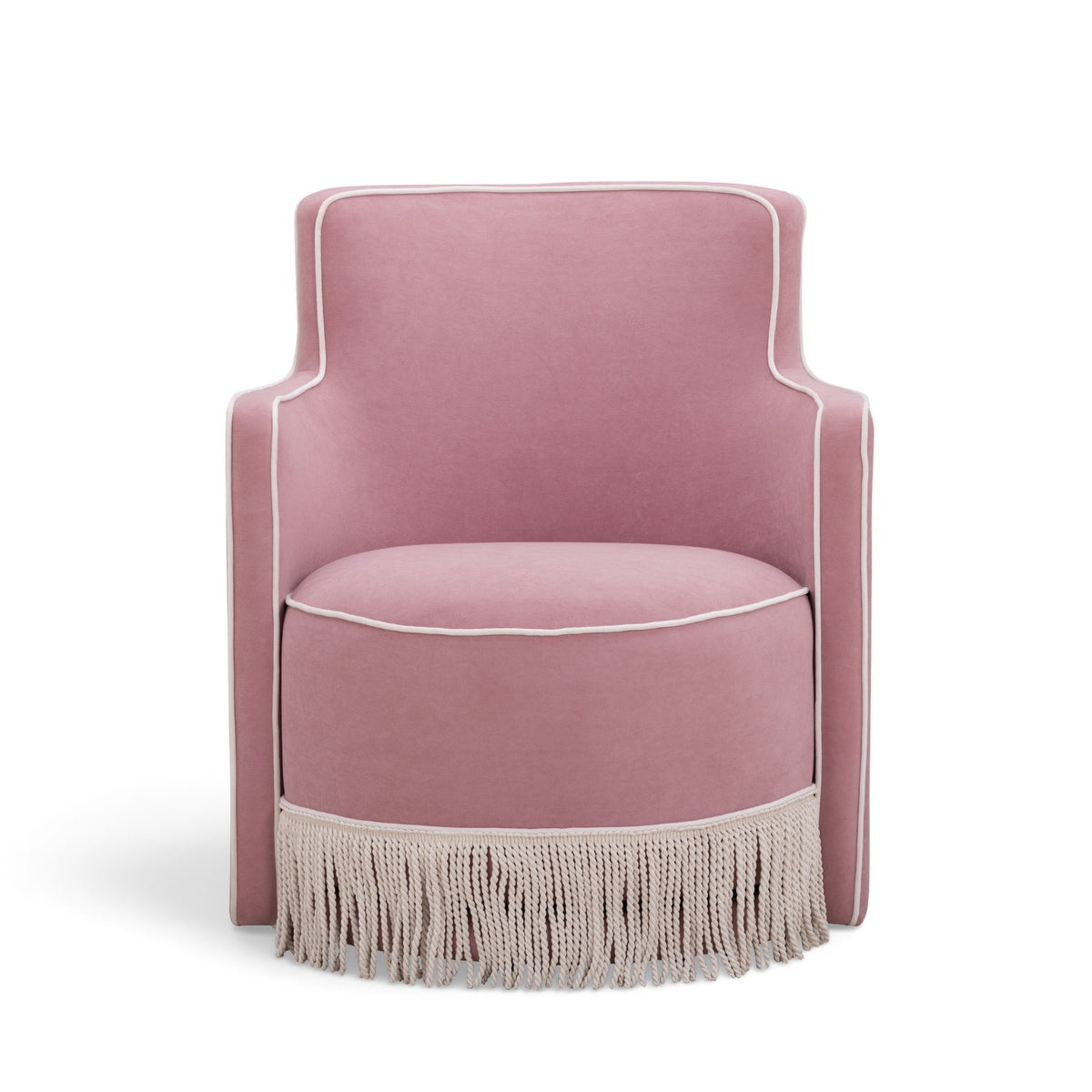 Passe Tasseled Velvet Swivel Accent Chair in Pink angled side perspective