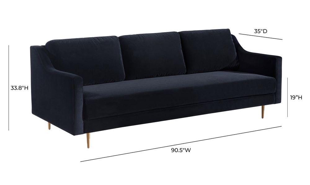 Milan 90.5" Black Velvet Sofa dimensions