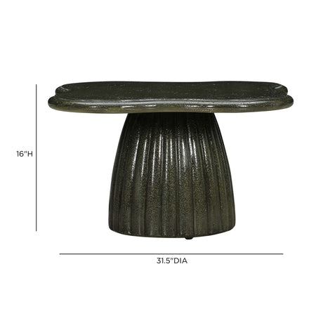 Weather-resistant green concrete indoor outdoor coffee table positioned on outdoor patio deck