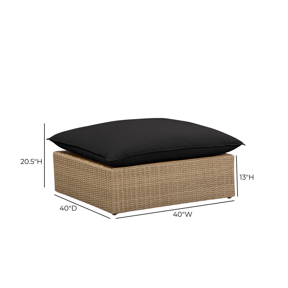 Top-down view of black outdoor cushion on Cali Wicker Ottoman