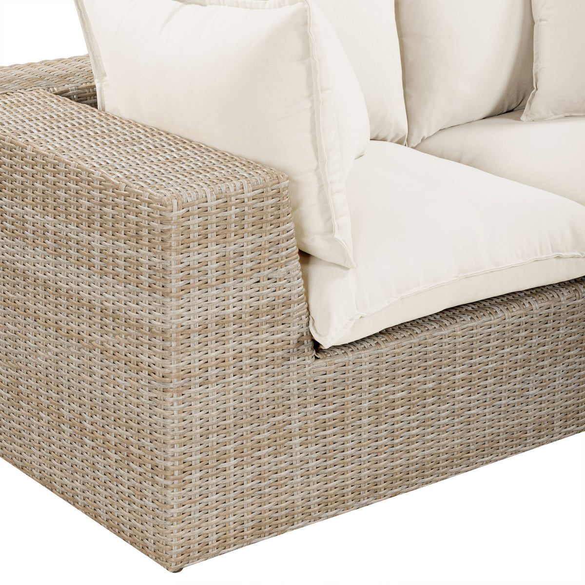 Detailed shot of tightly woven synthetic all-weather wicker on Cali patio loveseat frame