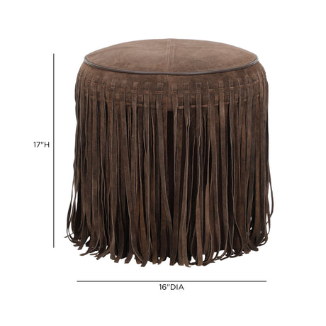 Daphne Round Suede Fringe Accent Ottoman in a modern bedroom vanity setup