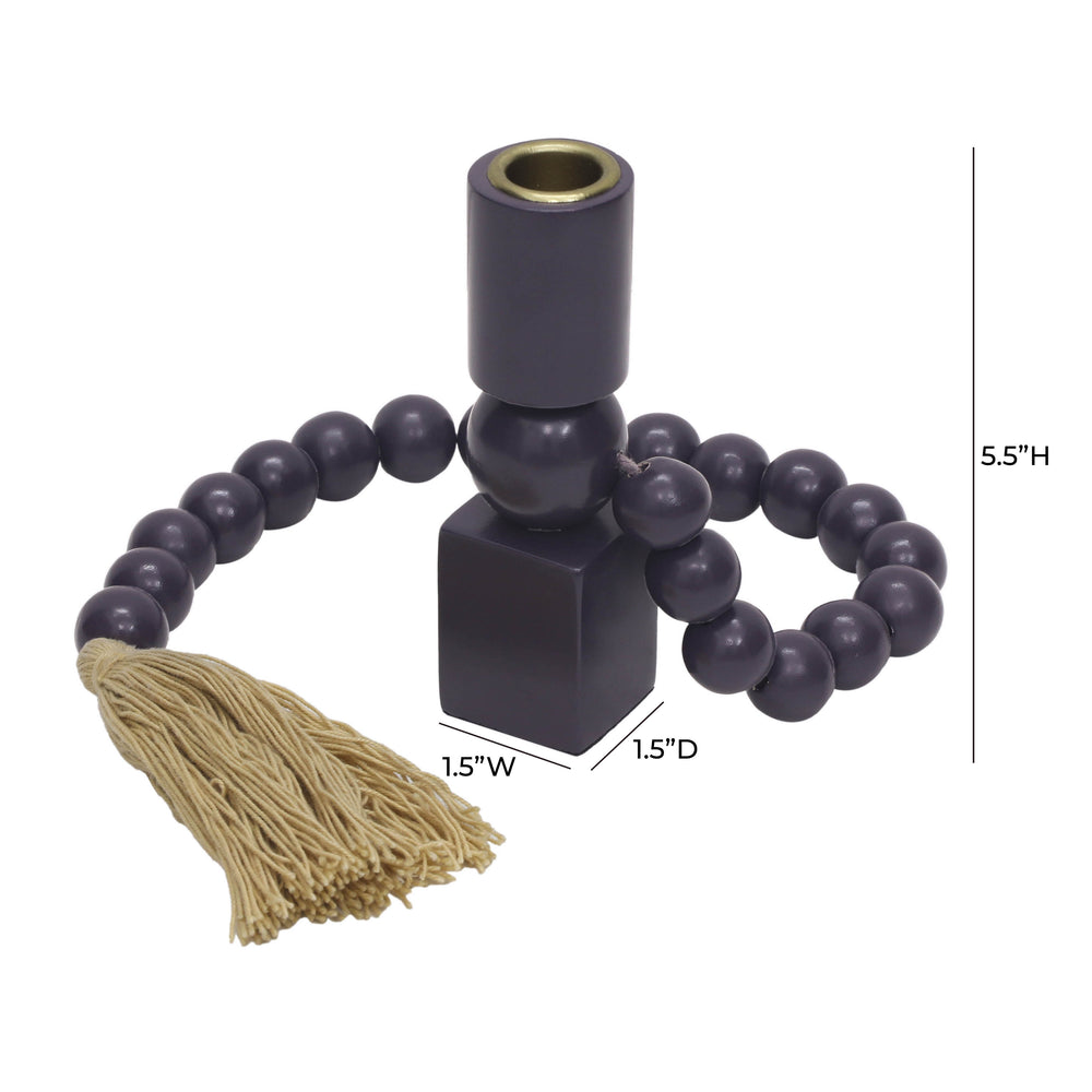 Harrison Wooden Candlestick with Draped Beads & Tassel - Totem-Style Organic Tabletop Decor dimensions