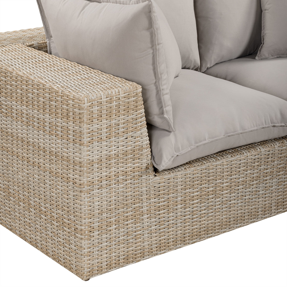 Cali outdoor loveseat with black performance fabric and natural leg finish
