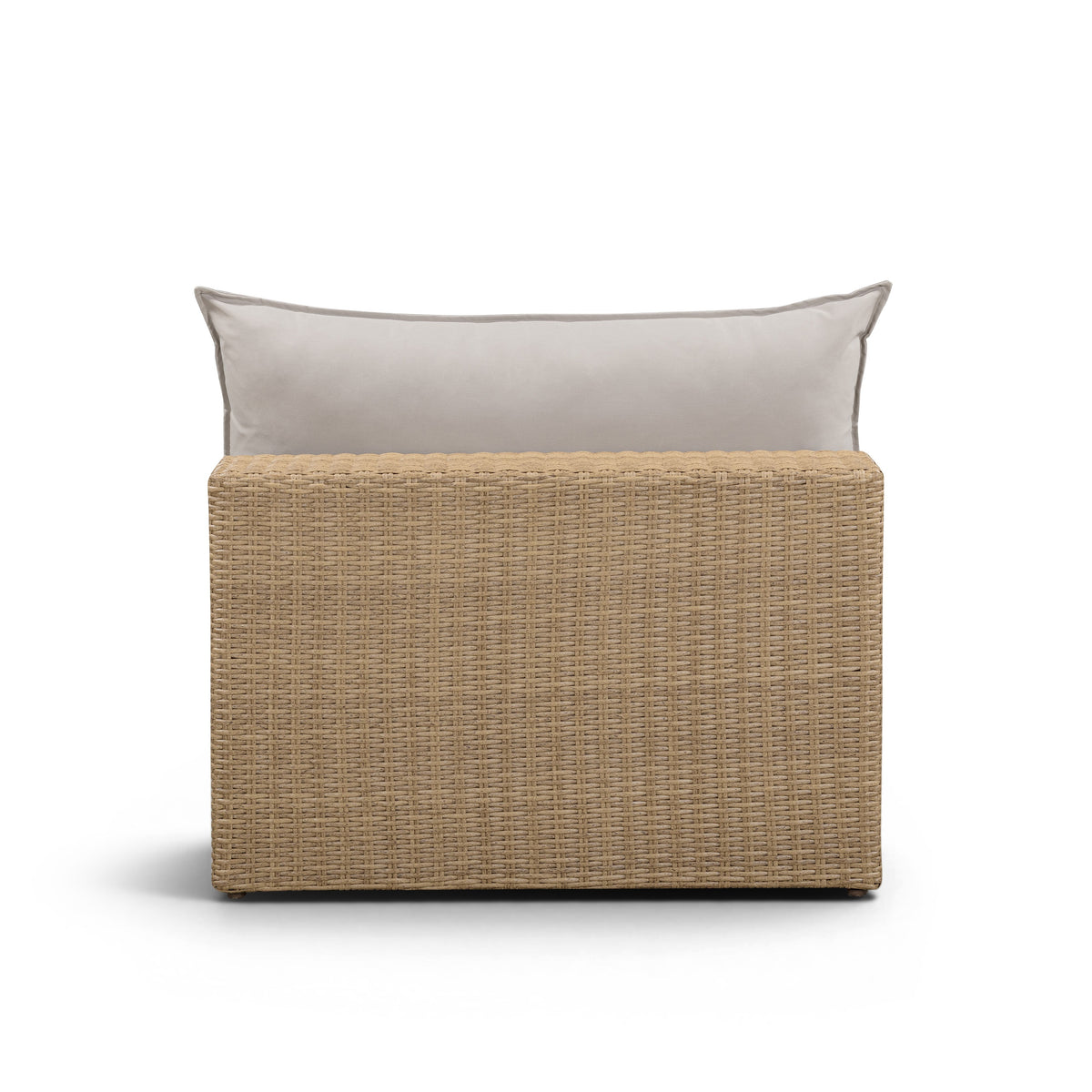 Cali outdoor armless chair with grey performance fabric cushions and brown wicker frame