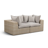 Cali outdoor loveseat with cream performance fabric and natural wood tone base