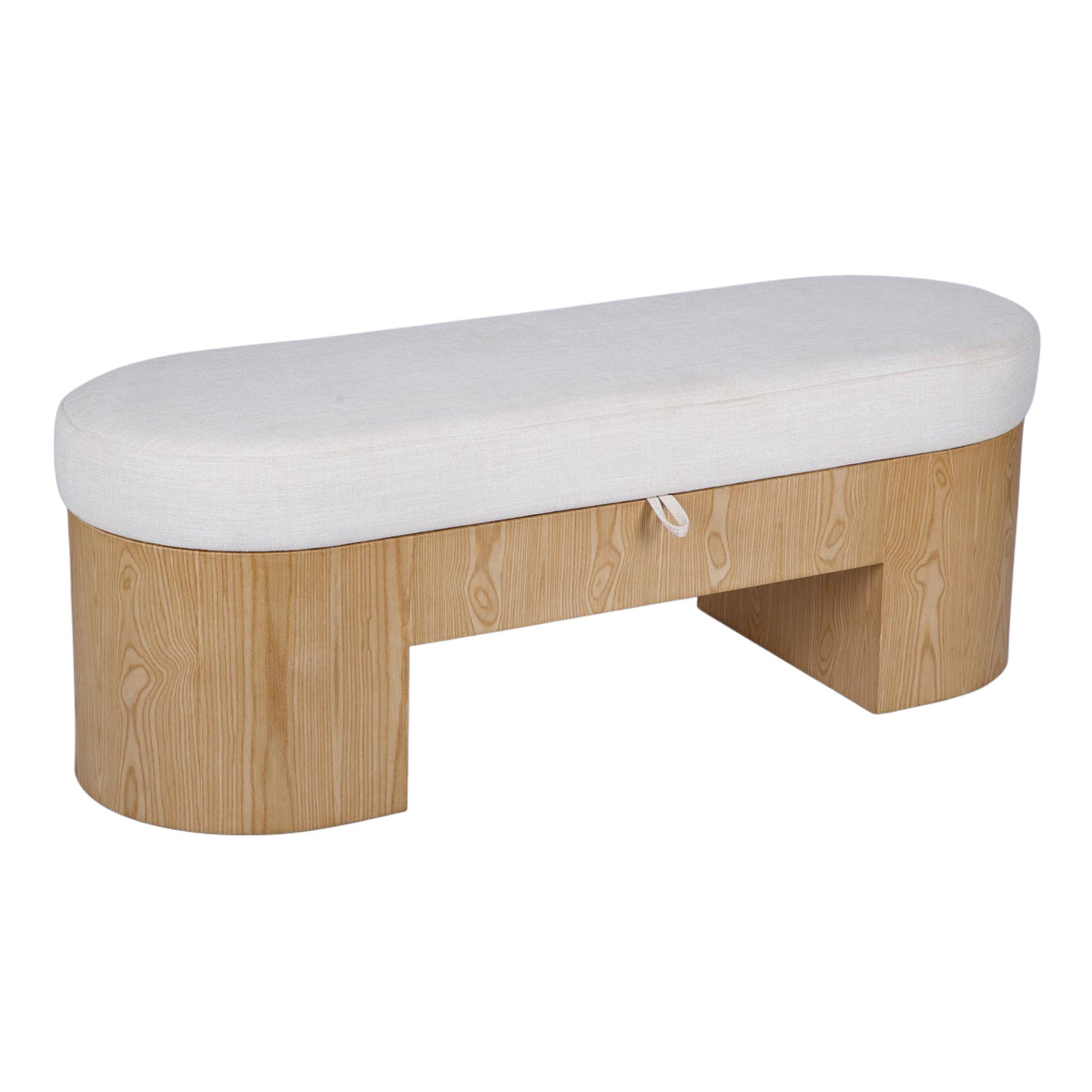 Poppi cream storage bench with open lift-top showing interior storage compartment