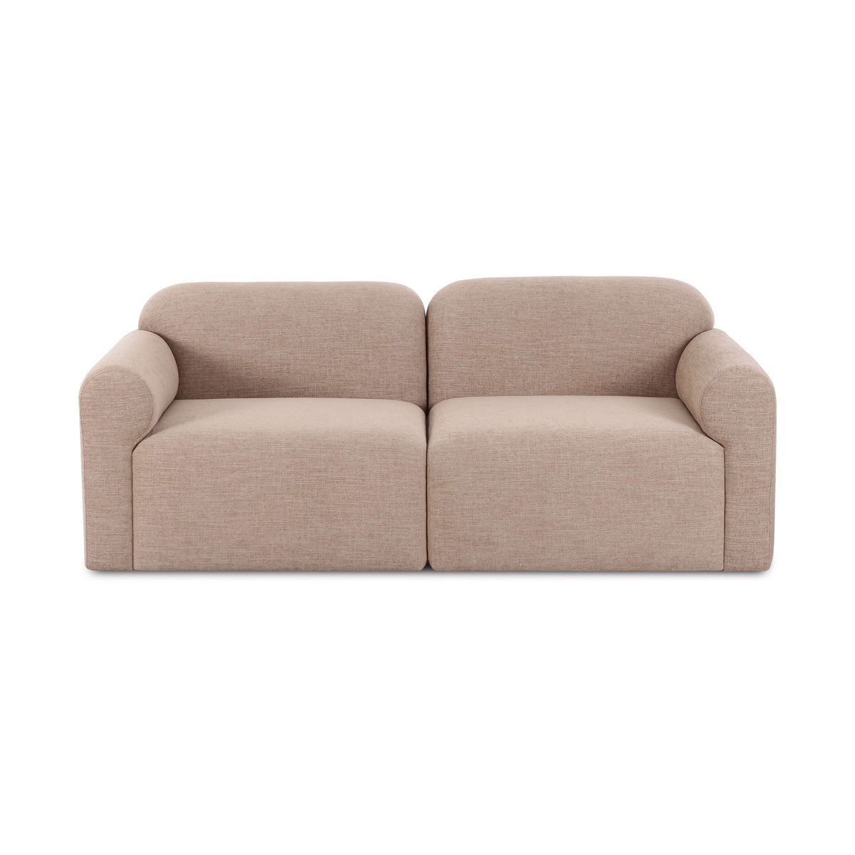 Gorge modular loveseat in tan fabric three-quarter angle showcasing plush silhouette