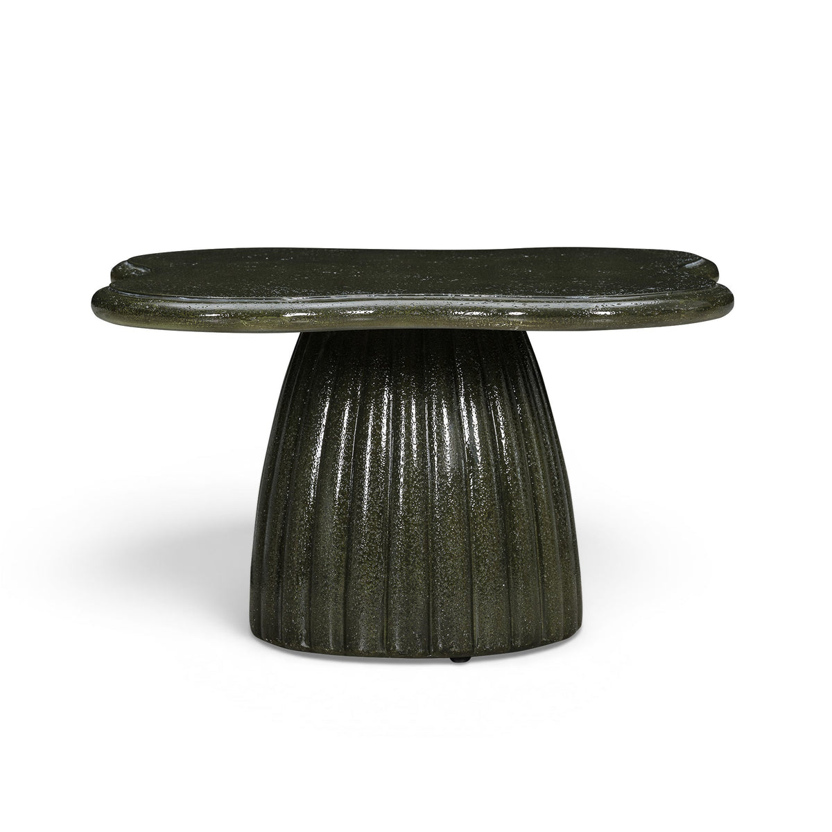 Top view of dark speckled green glossy finish on cloud-shaped concrete tabletop