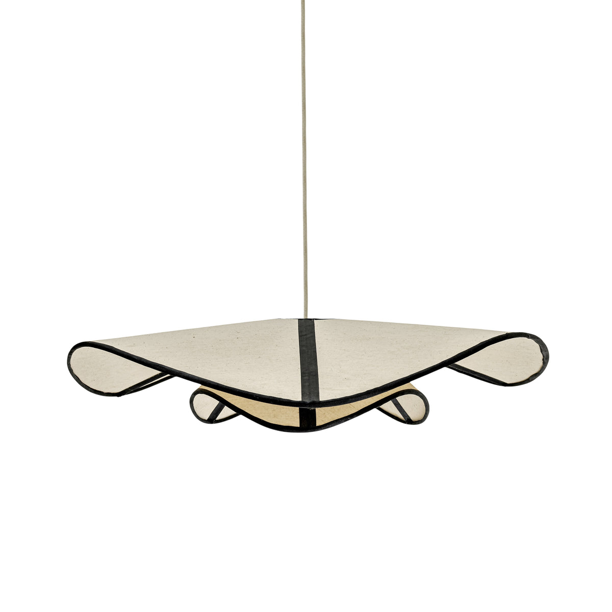 Front angle view of the Chapeau Du Matin overhead pendant light in neutral fabric finish