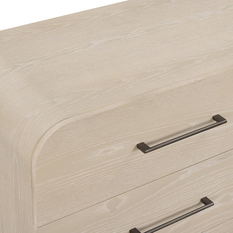 Marissa ash wood dresser paired with a bedroom vanity mirror and table lamp