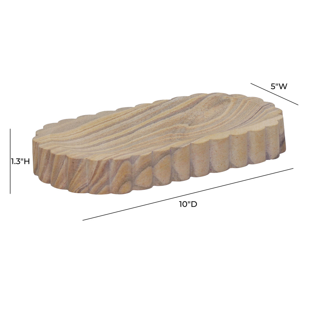 Kira Sandstone Tray with Organic Oval Shape & Scalloped Edge - Contemporary Decorative Tabletop Tray dimensions