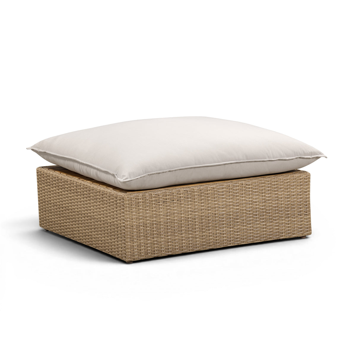 Three-quarter view of Grey Fabric and Brown Wicker Cali Outdoor Ottoman