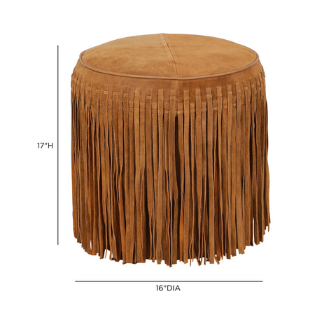 Close-up detail of layered faux suede fringe trim on Daphne Ottoman